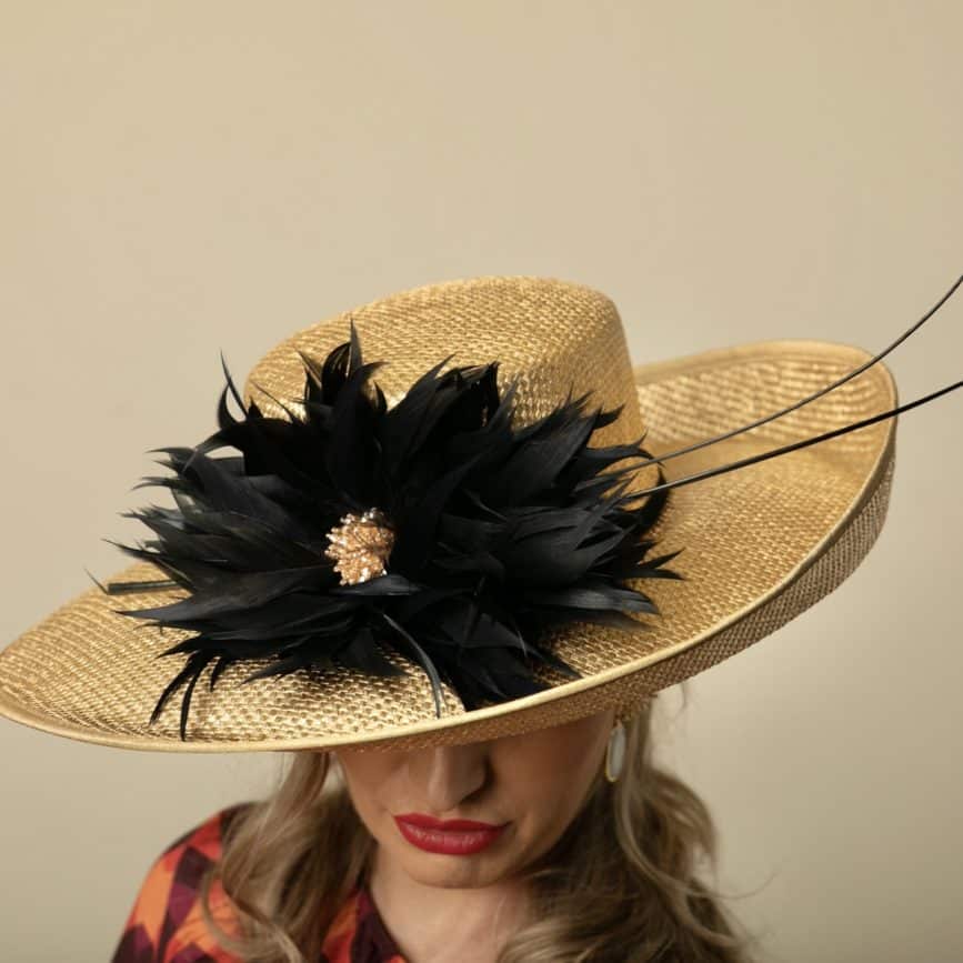 FRONTAL VIEW BLACK BARDA FEATHERED FLOWER WOMEN GUEST HAT