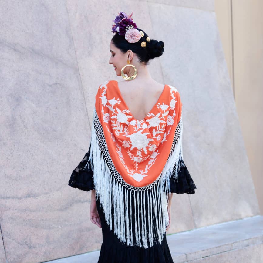 FLAMENCO EMBROIDERED SHAWL ROCÍO ORANGE AND IVORY