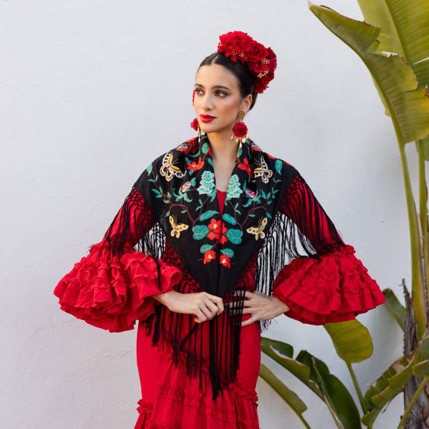 mantoncillo de flamenca mariposas negro al por mayor