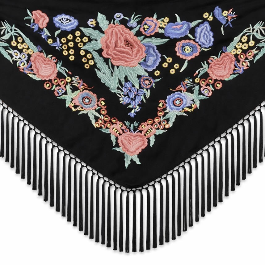 CHÂLE DE FLAMENCA NOIRE BRODÉ CORAIL IMPERIAL